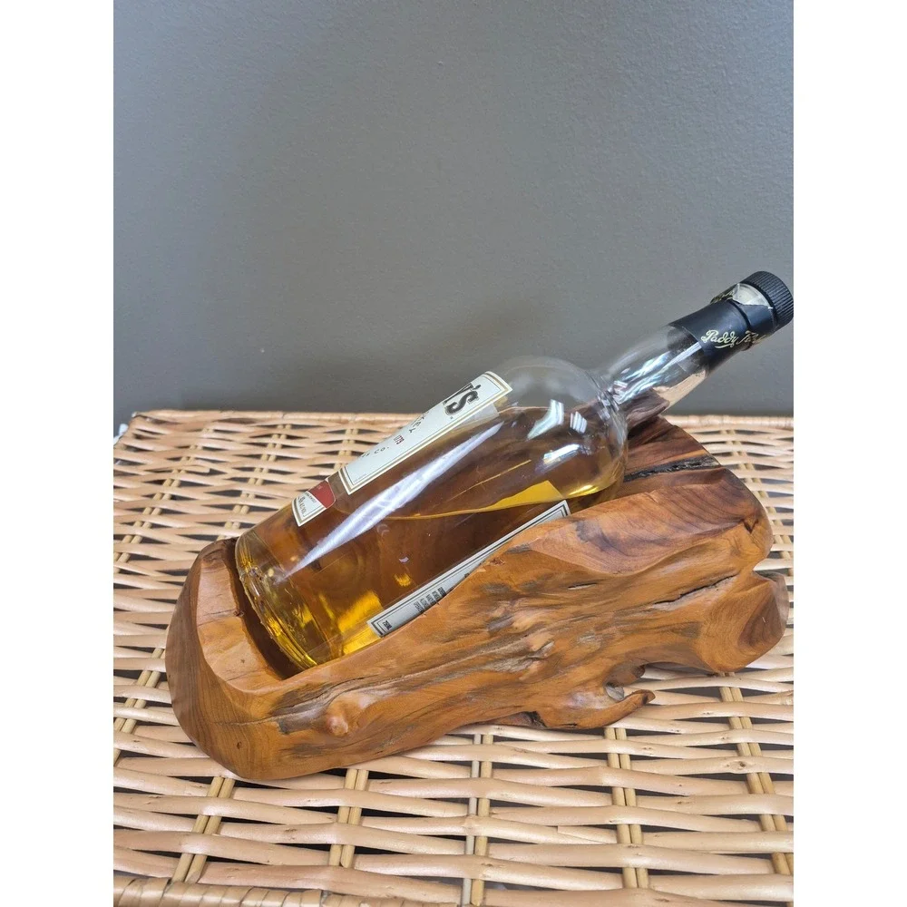 Hand Carved Live Edge Wood Bottle Holder Rustic Tabletop Wine Liquor Display